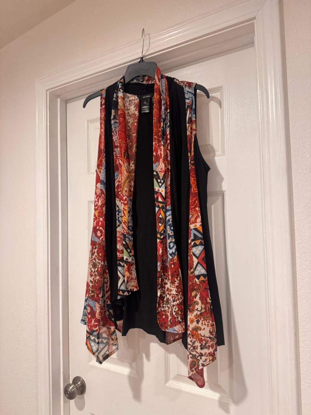 Ali Miles Black Sleeveless Tunic Vest with Red Multi-Print Scarf Panels